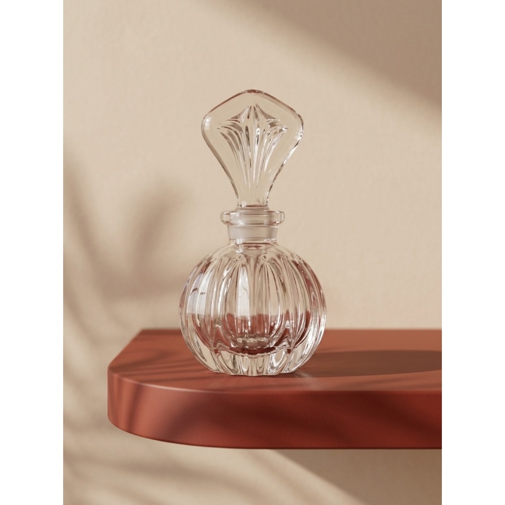 Vintage Clear Ribbed Glass Perfume Bottle with Fan Stopper Art Deco Style